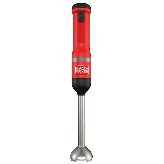 A BLACK+DECKER handheld immersion blender with a red and black body and stainless steel blending shaft, shown upright against a white background.