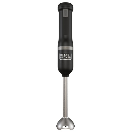 A BLACK+DECKER hand blender in black color with a stainless steel blending shaft, shown upright against a white background.