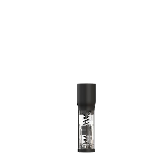 Photo of BLACKDECKER BCKM1016KSB electric wine opener with black and transparent body, front angle on white background.