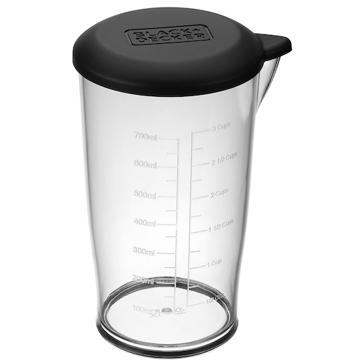 BLACK+DECKER BCKM1016KSB clear plastic measuring cup with black lid, graduated up to 700ml, studio angle.
