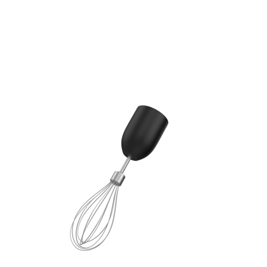 Photo of BLACKDECKER hand mixer whisk attachment, SKU BCKM1016KSB, silver wire whisk and black plastic connector, angled view.