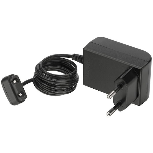 BLACKDECKER BCKM1016KSG power adapter with coiled black cable, European plug, side angle on white background.
