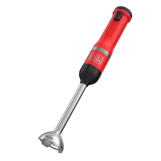 A BLACK+DECKER red and black handheld immersion blender with a stainless steel blending shaft and protective blade cover.