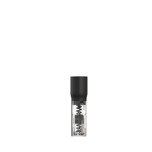 A BLACK+DECKER electric wine bottle opener with a transparent lower body and black top, showing the internal corkscrew mechanism.