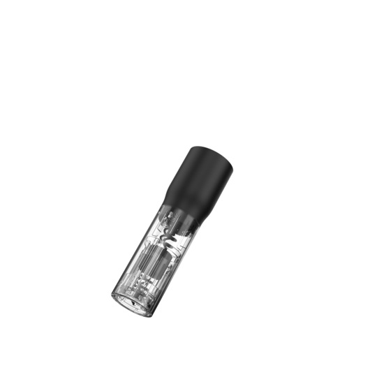 A BLACK+DECKER electric wine opener with a transparent lower body and black top, shown isolated on a white background.