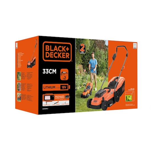Photo of BLACK+DECKER BCMW3318L2 lawn mower box showing 33cm 18V lithium cordless mower with two batteries, garden background.