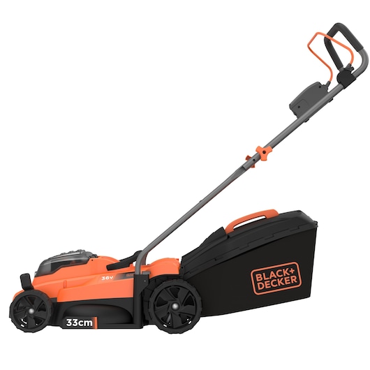 Side view of a BLACK+DECKER 36V cordless lawn mower with a 33cm cutting width, featuring an orange and black design with a large grass collection box and a handle for pushing.