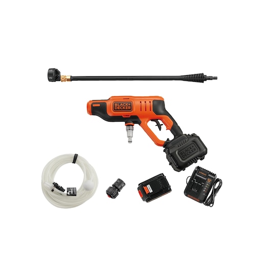 BLACK+DECKER BCPC18D1 cordless pressure washer kit with orange and black washer, wand, hose, connector, battery, and charger, front view.