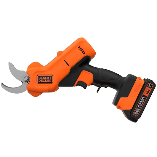 A BLACK+DECKER cordless electric pruning shear with an orange and black design, featuring a sharp metal blade and rechargeable battery pack.