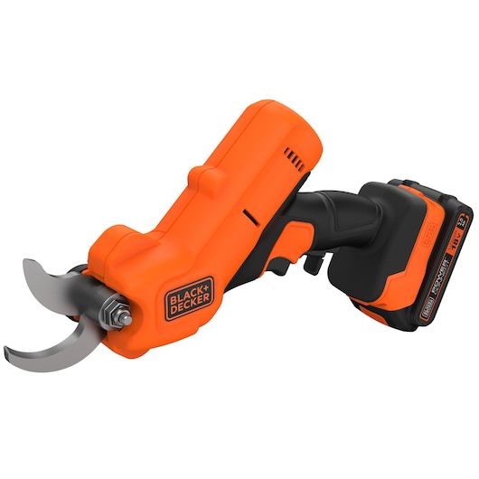 A BLACK+DECKER cordless electric pruning shears with an orange and black design, featuring a curved metal blade and a rechargeable battery attached to the handle.