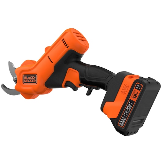 A BLACK+DECKER cordless electric pruning shear with an 18V lithium battery. The tool is orange and black, featuring a comfortable grip handle and two sharp blades for cutting.