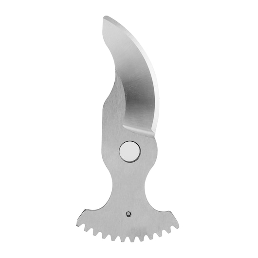 A metal replacement blade for a BLACK+DECKER pruner, shown isolated on a white background. The blade has a curved cutting edge and a toothed base for attachment.