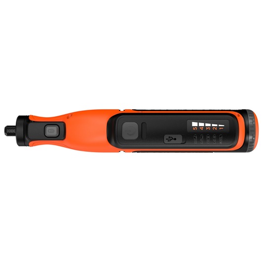 A BLACK+DECKER rechargeable cordless electric screwdriver in orange and black, shown from a top view. The tool features control buttons and torque settings on its body.