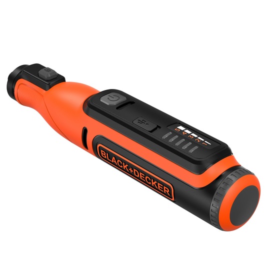 A BLACK+DECKER branded orange and black cordless electric screwdriver with USB charging port and power button, shown on a white background.