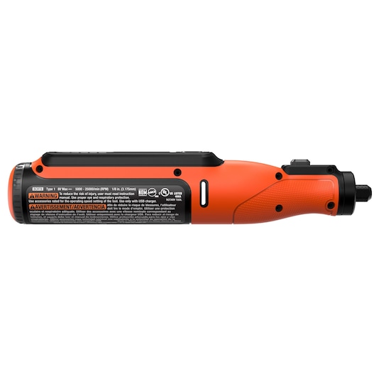 Side view of a BLACK+DECKER BCRT8I rotary tool, featuring an orange and black design with visible warning and specifications labels.
