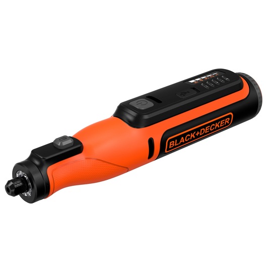 A BLACK+DECKER orange and black cordless rotary tool, designed for precision tasks, showing power buttons and control panel.