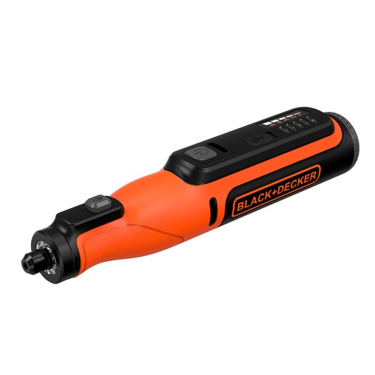 A BLACK+DECKER cordless rotary tool with an orange and black body, featuring a slim ergonomic design and visible power buttons on the handle.