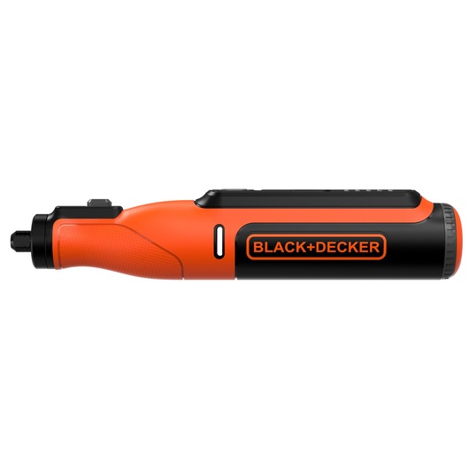 A BLACK+DECKER orange and black cordless rotary tool, shown in a side view against a white background.