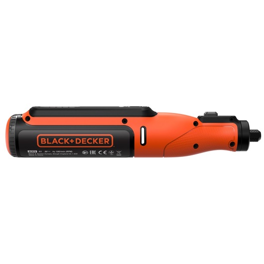 A BLACK+DECKER branded cordless electric screwdriver in orange and black, shown in a side view against a white background.