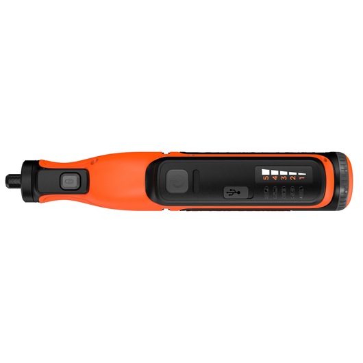A BLACK+DECKER BCRT8I orange and black cordless electric screwdriver with a USB charging port and speed settings visible on the side.