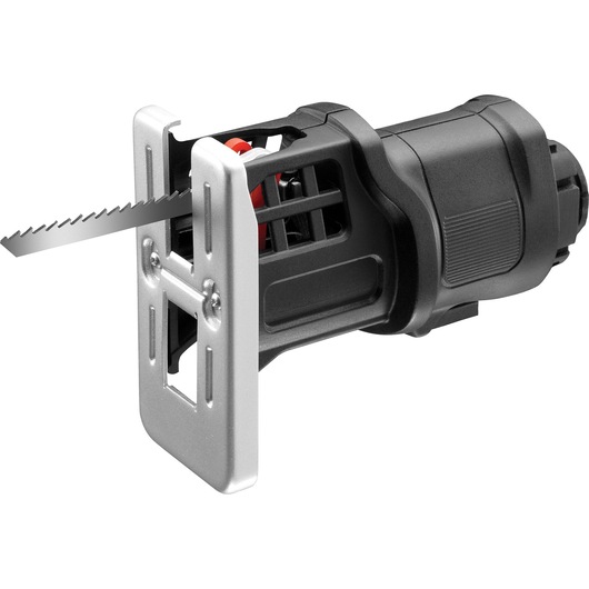 A close-up image of a BLACK+DECKER reciprocating saw featuring a black handle, a metal blade guard, and a toothed blade.