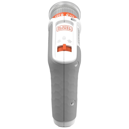 Front view of a BLACK+DECKER handheld tool with a gray textured grip, white body, an orange slider, and locking indicator. The top section features a clear part and orange labeling.