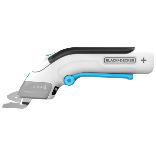 BLACK+DECKER BCSC115 cordless electric scissor, white and blue, left side view on white background.