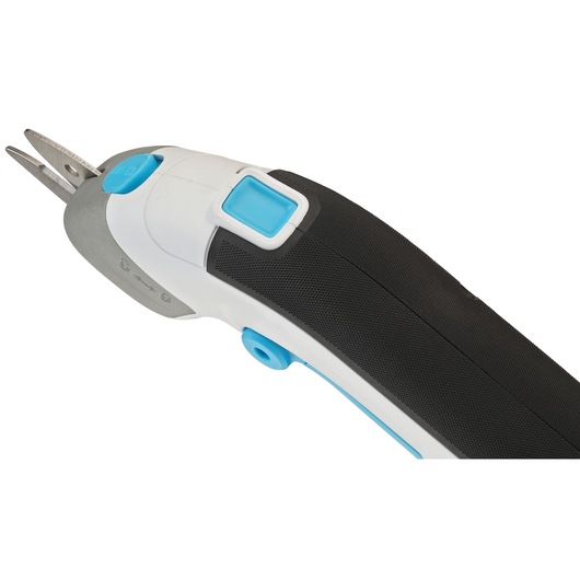 BLACK+DECKER BCSC115 electric scissors close-up, black handle with blue buttons, white background.