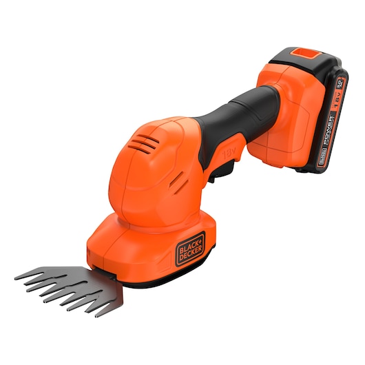 A BLACK+DECKER 18V cordless grass shear and shrub trimmer with an orange and black body and a rechargeable battery.