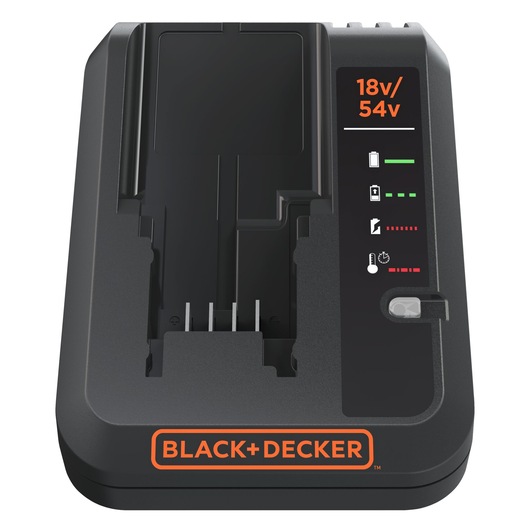 BLACK+DECKER battery charger for 18V and 54V batteries, featuring indicator lights for battery charge status and temperature, with a black and orange design.