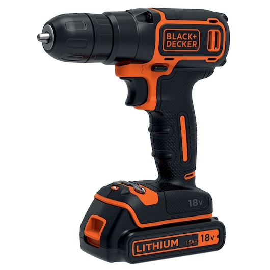 A BLACK+DECKER cordless drill, model BDCD18, with an 18V lithium-ion battery. The tool is black and orange with ergonomic grip and a trigger. The battery at the base is labeled 1.5Ah and 18V.