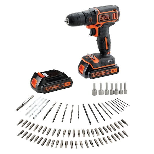 BLACK+DECKER 18V cordless drill set with lithium battery and a wide assortment of drill bits and screwdriver bits, displayed in a semicircle.
