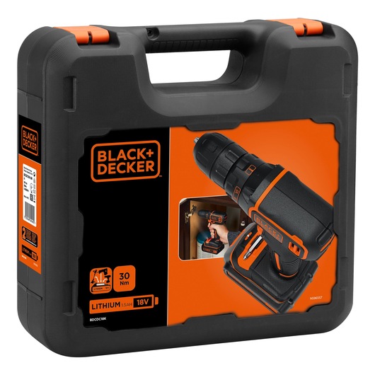 BLACK+DECKER BDCDC18K cordless drill kit in black hard case, product labeling and tool photo on the front, angled view.