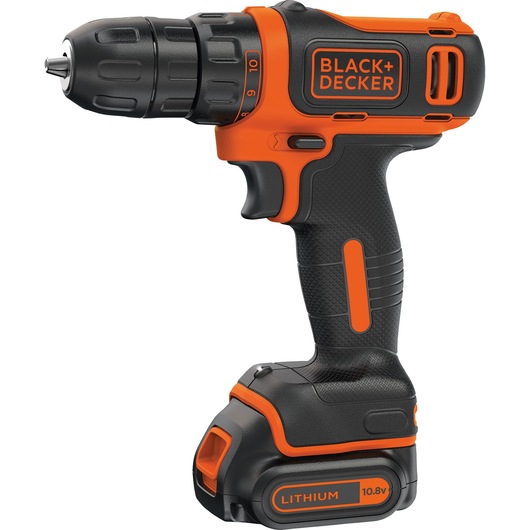 A BLACK+DECKER cordless drill with a 10.8V lithium battery, featuring an orange and black design.