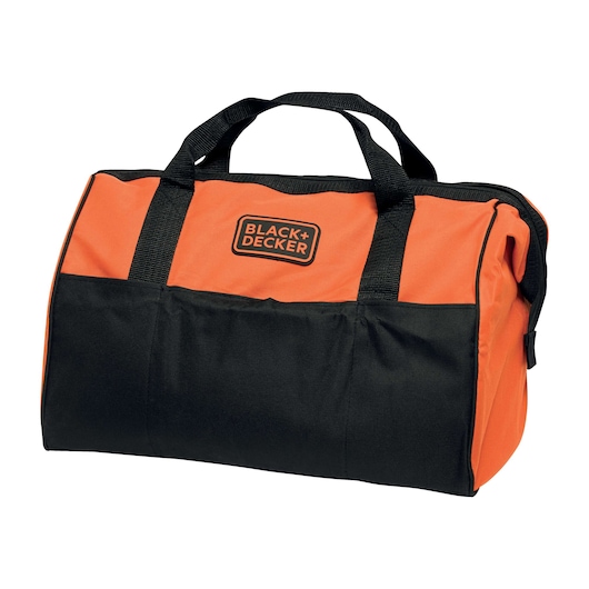 Photo of BLACK+DECKER BDCDD12HTSA_kit_bag tool bag, orange and black with handles, front view on white background.