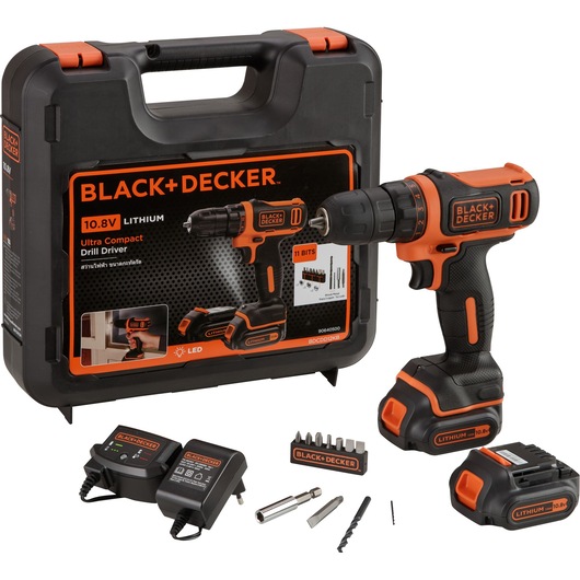 BLACK+DECKER BDCDD12KB cordless drill driver kit with 10.8V lithium-ion battery, charger, drill bits, and hard case.