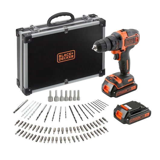 A BLACK+DECKER cordless drill set with an 18V lithium-ion drill, two batteries, a charger, a black and silver carrying case, and an assortment of drill bits, screwdriver bits, and accessories arranged in front.