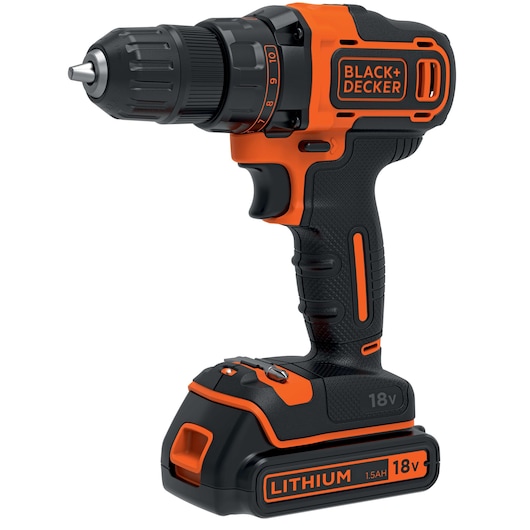BLACKDECKER BDCDD186K cordless drill 18V lithium, orange and black, side angle photo.
