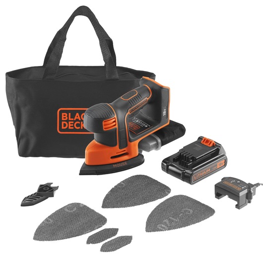 BLACK+DECKER BDCDS18 cordless detail sander kit with sanding sheets, charger, battery, and carrying bag, front view.