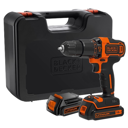 BLACK+DECKER BDCHD18KB2 cordless hammer drill with orange and black casing, two lithium 18V batteries, and carrying case, front angle.