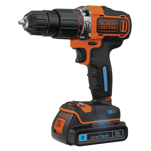 A BLACK+DECKER cordless power drill with an 18V lithium battery and smart technology features. The drill is black and orange with a textured grip and visible settings for torque adjustment.