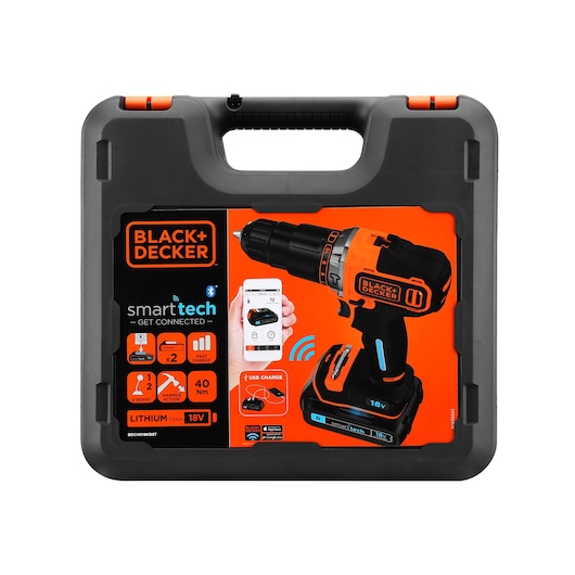 A BLACK+DECKER smart cordless drill with hammer action shown on the front of a black and orange carrying case. The image highlights Bluetooth connection, USB charging, lithium 18V battery, two gear settings, and smartphone compatibility.