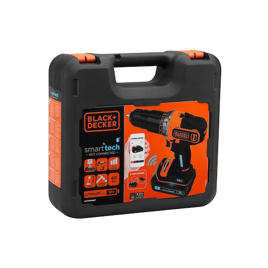 A BLACK+DECKER branded, hard plastic carrying case featuring a graphic of a cordless drill and smartphone, highlighting smart tech connectivity through Bluetooth, USB charging, lithium battery, and technical specifications on the front.