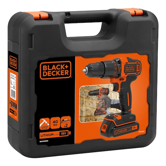 BLACK+DECKER BDCHD18KB cordless hammer drill in black and orange with carry case, product shown on box front angle.