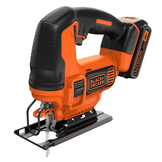 A BLACK+DECKER cordless jigsaw with an orange and black design, featuring an 18V lithium-ion battery, ergonomic handle, and adjustable blade guard, suitable for woodworking and DIY projects.