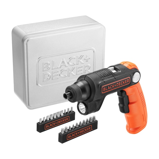 BLACK+DECKER BDCSFL20AT cordless screwdriver kit with orange handle, bit sets, and metal storage case, front angle.