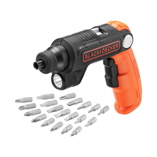 BLACK+DECKER BDCSFL20AT cordless screwdriver with orange and black handle, shown with 17 assorted screwdriver bits, front angle.
