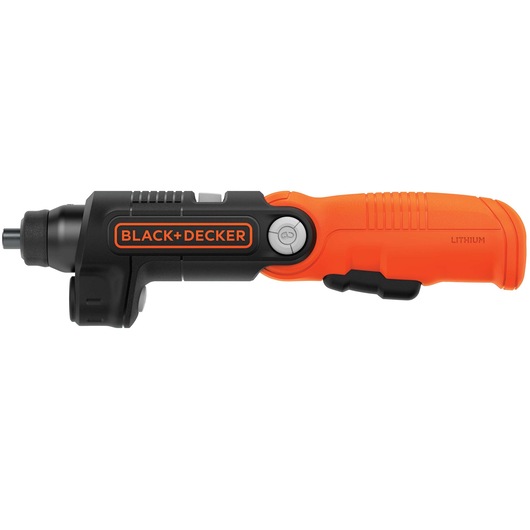 A BLACK+DECKER cordless electric screwdriver with an orange and black ergonomic handle, featuring a lithium battery.