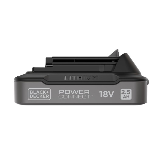 BLACK+DECKER Power Connect 18V 2.5Ah lithium-ion battery pack in black, shown from the side.