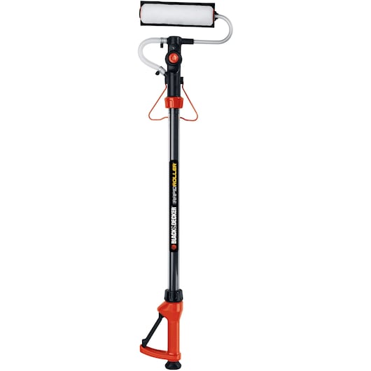 Front angle photo of BLACK+DECKER powered paint roller with black handle, white roller, and orange trigger, BDPR400.